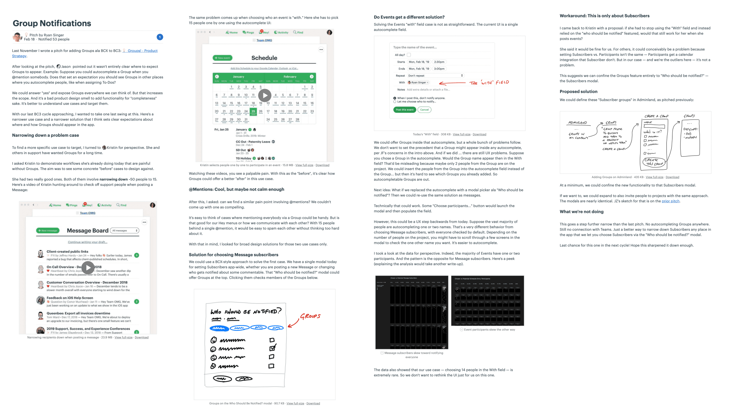 Another scaled-down screenshot of a pitch. This one has two videos embedded in the document at the start. After some paragraphs, a fat marker sketch appears, followed by a screenshot thats annotated with handwriting. Two black boxes contain what looks like some data visualization. A breadboard is at the end. All the images are interspersed with short paragraphs of text.