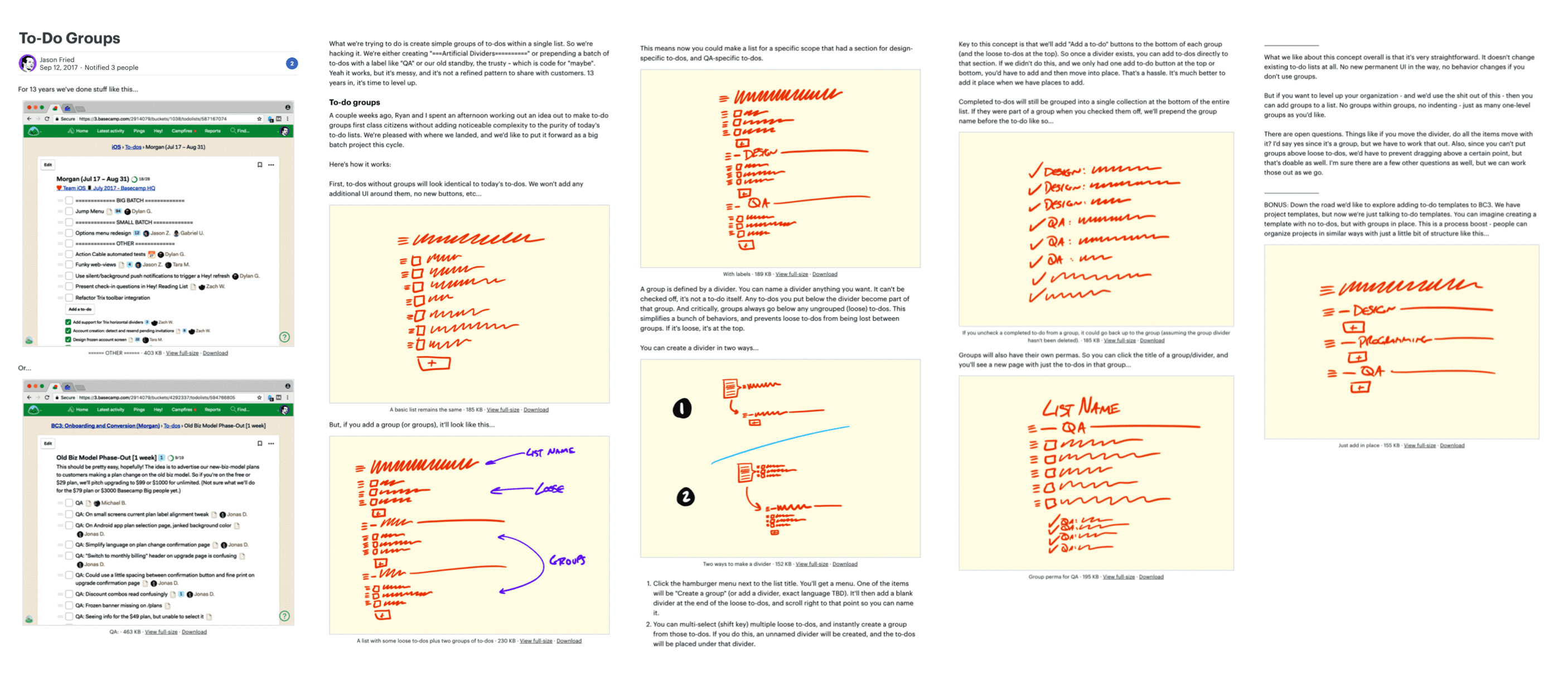 A scaled-down screenshot of a full pitch for the To-Dos feature. It looks like a document. The document starts with two screenshots demonstrating the workaround for grouping to-dos without the feature. Then five fat marker sketches follow that show the shaped idea. Paragraphs of explanatory text surround each sketch.