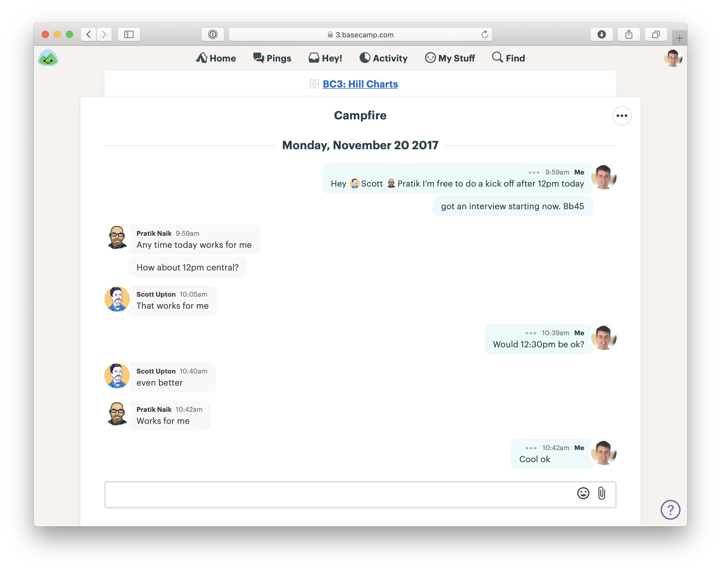 Screenshot of the Campfire chat room in Sage. The three people on the AI discuss when to have the kick-off call.