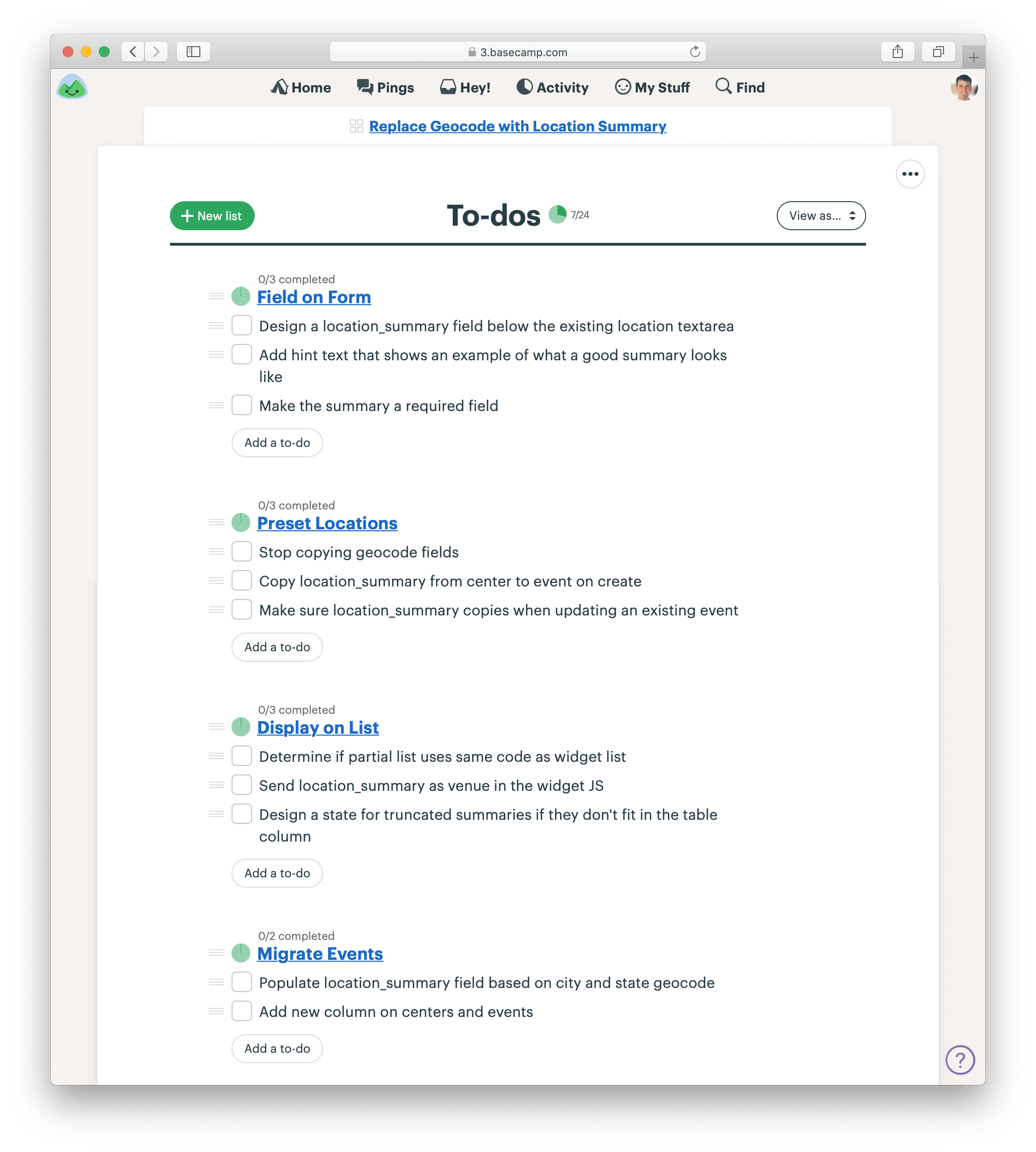 A screenshot of to-do lists in Sage. The names of the to-do lists correspond to the regions on the map above. Each list has a few items below.