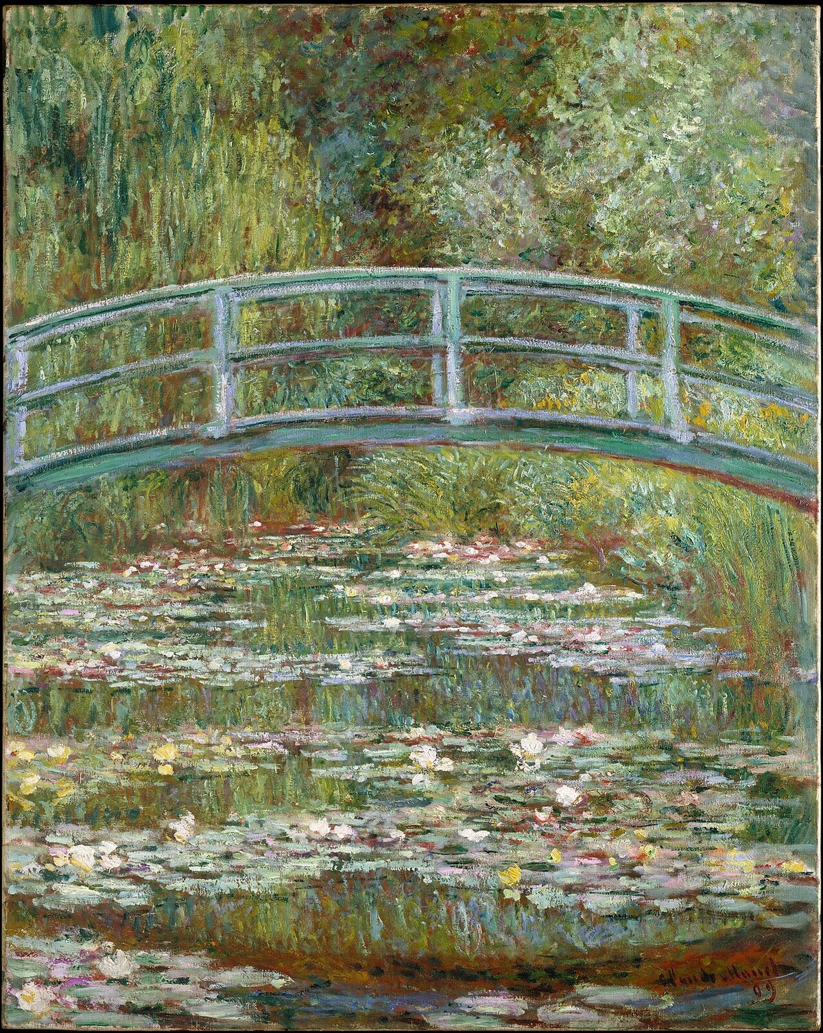 A Japanese-style wooden bridge arching over a pond of water lilies, painted in thick impressionist strokes of green and violet