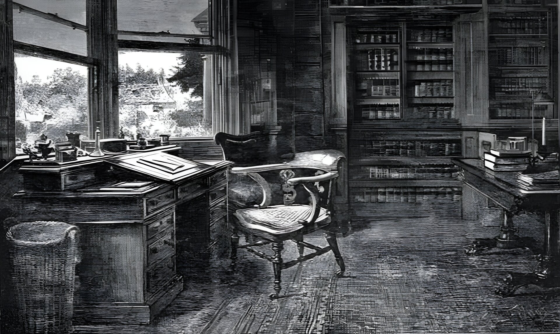 An empty chair at a desk in a study, surrounded by books and papers — the person who sat here is gone, the work continues without them