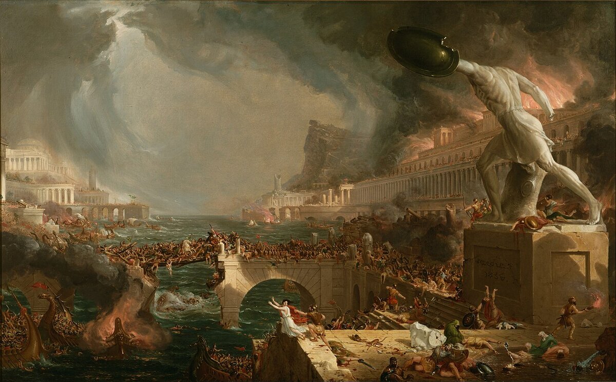 A civilization collapsing into the sea, temples crumbling, columns toppling, fires burning across a once-great city as the water pours in