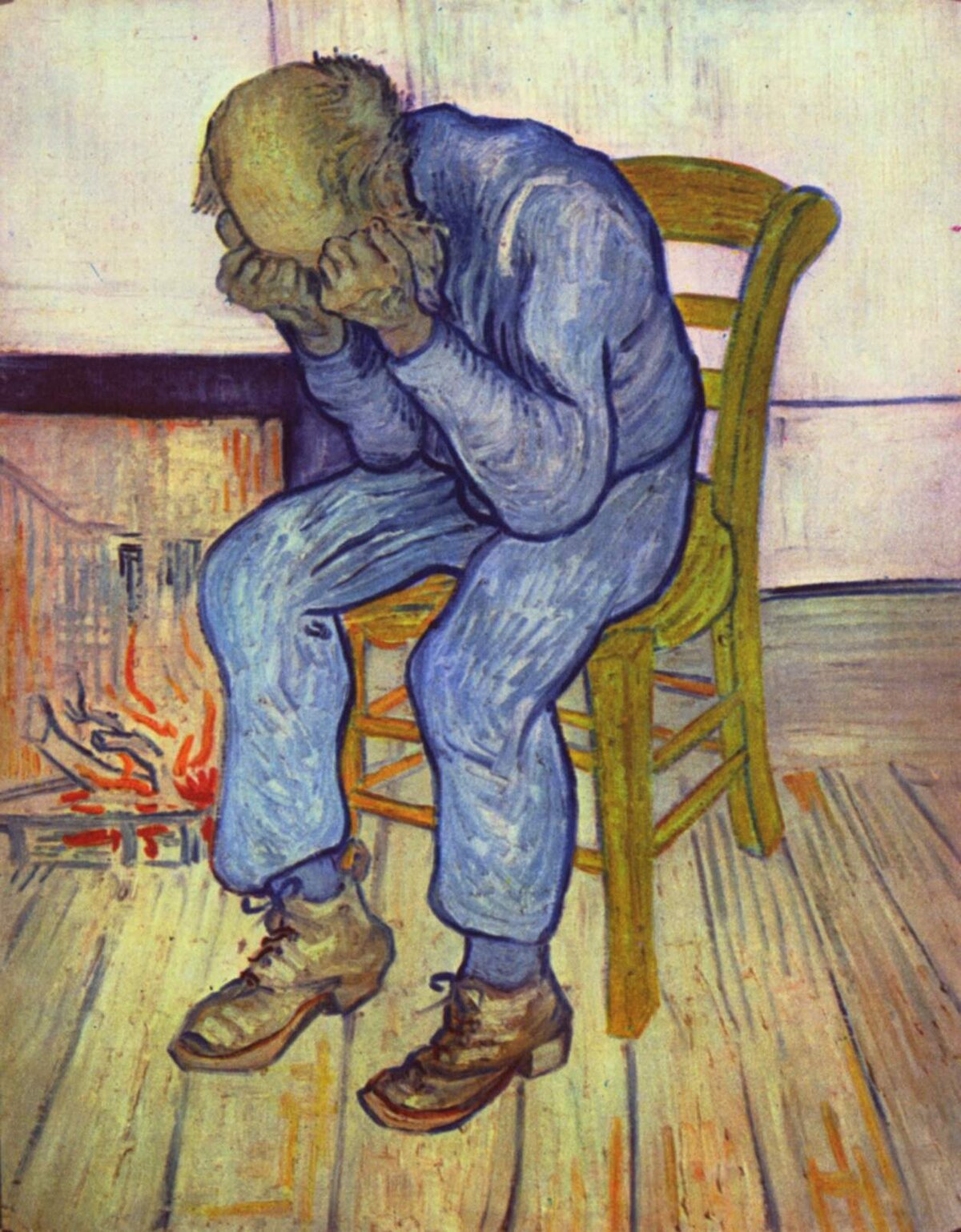 An old man sits hunched in a chair, head buried in his fists, utterly spent. The posture is exhaustion itself.