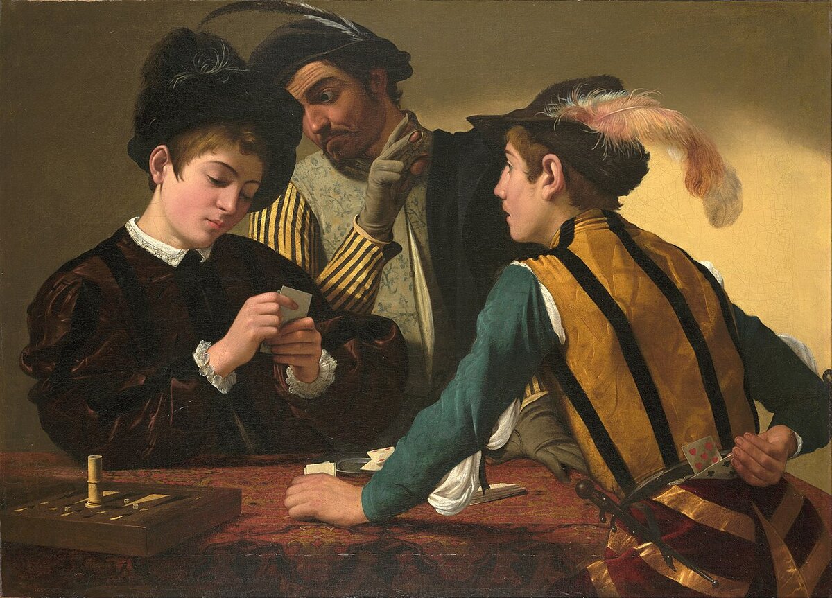 A young man is cheated at cards by two conspirators who can see his hand