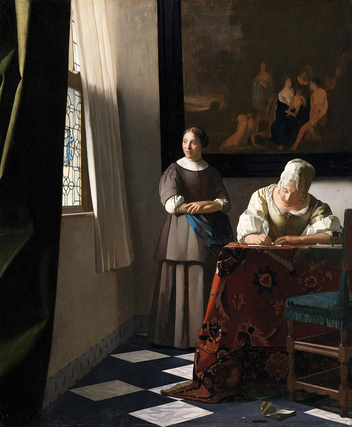 A woman sits at a desk writing a letter, unaware of the light falling across the page from a window that frames her for anyone watching from outside